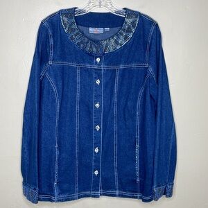 QUACKER FACTORY Denim Jeanne Jacket Rhinestone Embellishment Scoop Neck Medium
